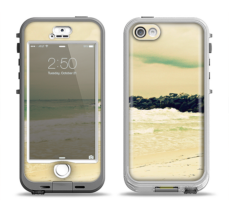The Vintage Subtle Yellow Beach Scene Apple iPhone 5-5s LifeProof Nuud Case Skin Set