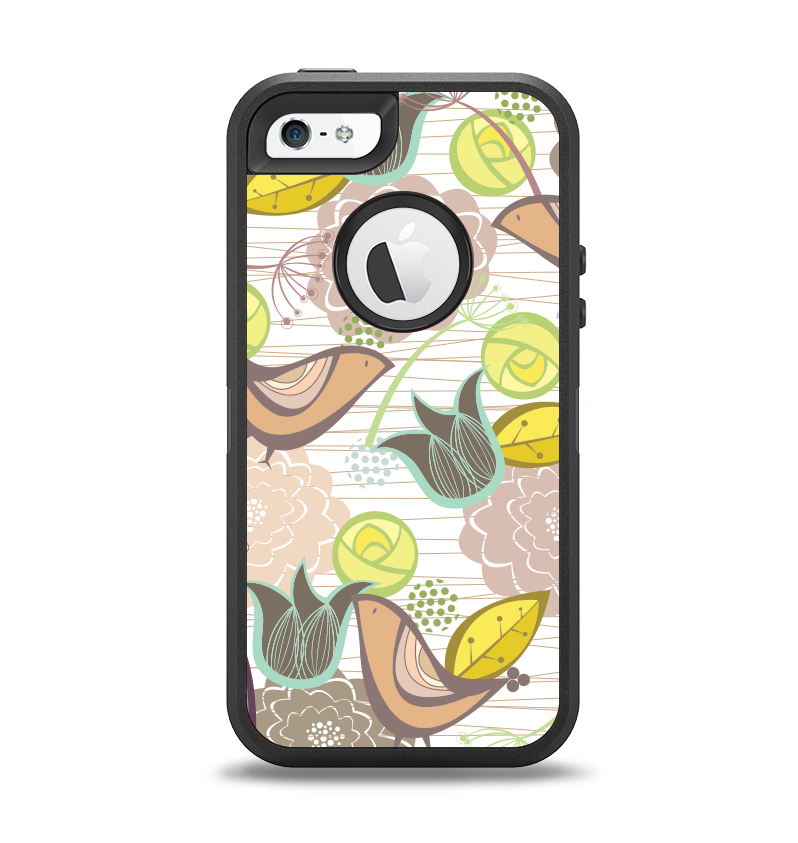 The Vintage Tan & Gold Vector Birds with Flowers Apple iPhone 5-5s Otterbox Defender Case Skin Set