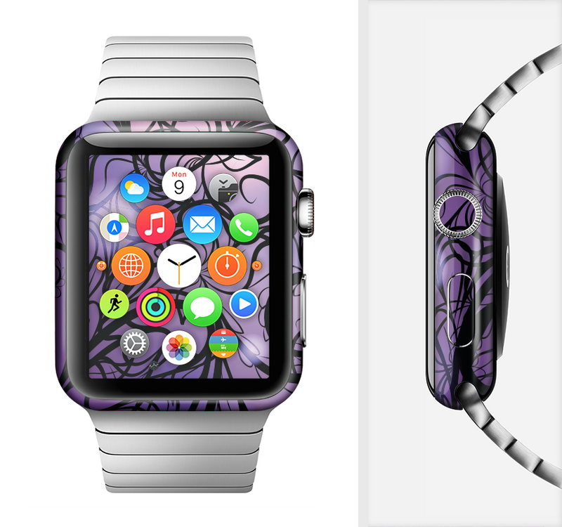 The Violet with Black Highlighted Spirals Full-Body Skin Set for the Apple Watch