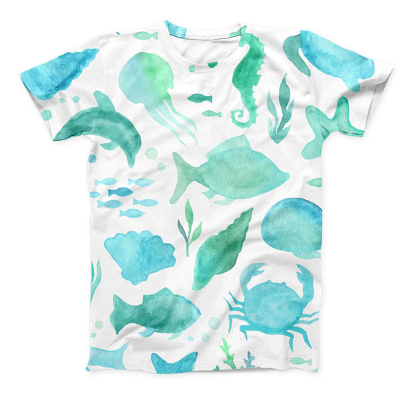 The Vivid Blue Watercolor Sea Creatures V2 ink-Fuzed Unisex All Over Full-Printed Fitted Tee Shirt