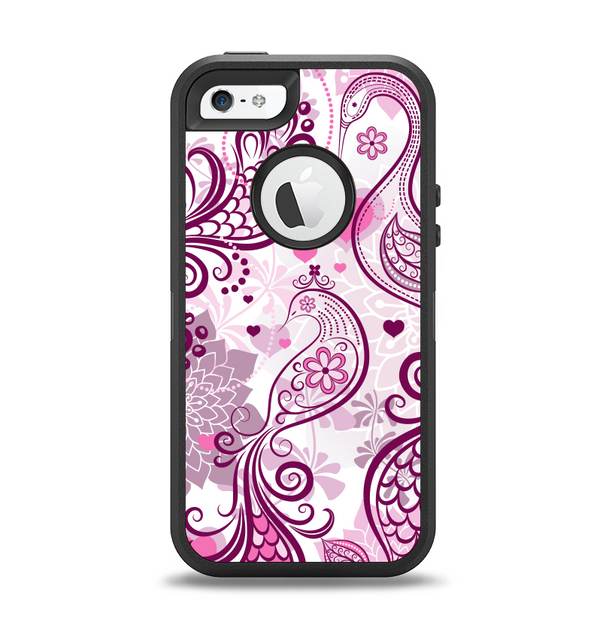 The White and Pink Birds with Floral Pattern Apple iPhone 5-5s Otterbox Defender Case Skin Set