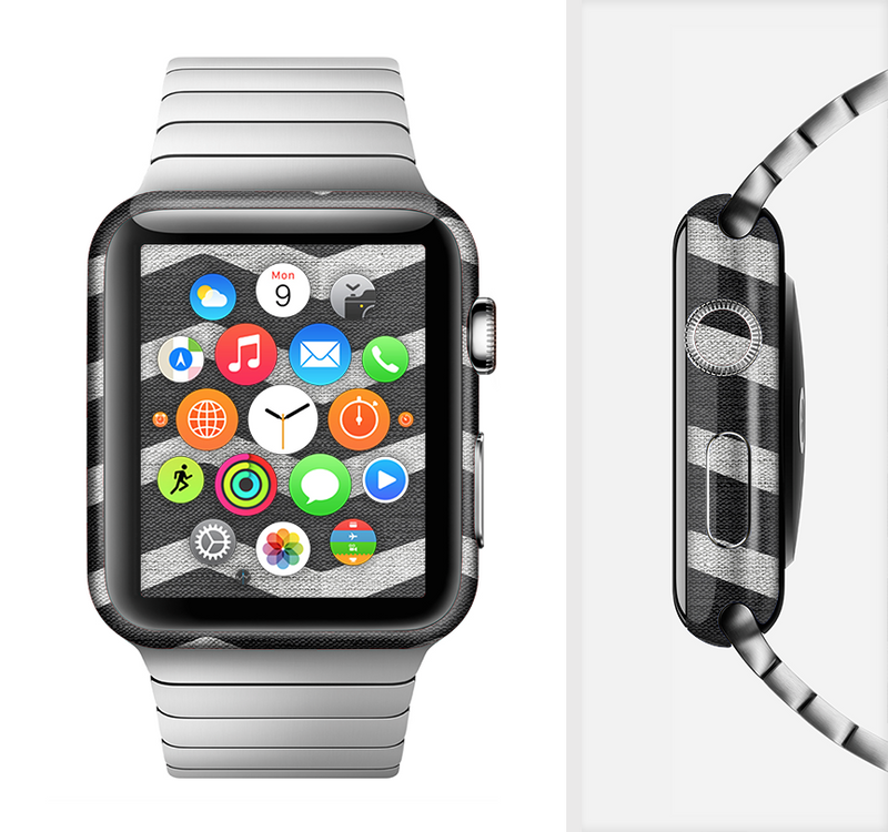 The Wide Black and Light Gray Chevron Pattern V3 Full-Body Skin Set for the Apple Watch