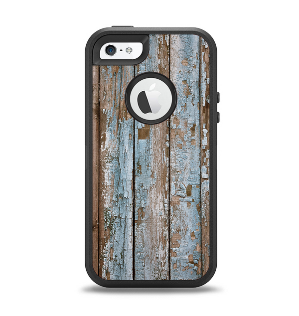 The Wood Planks with Peeled Blue Paint Apple iPhone 5-5s Otterbox Defender Case Skin Set