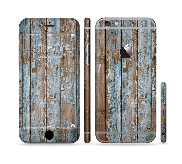The Wood Planks with Peeled Blue Paint Sectioned Skin Series for the Apple iPhone 6/6s Plus