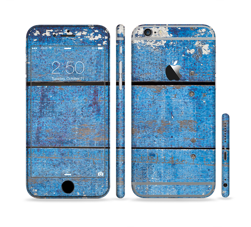 The Worn Blue Paint on Wooden Planks Sectioned Skin Series for the Apple iPhone 6/6s Plus