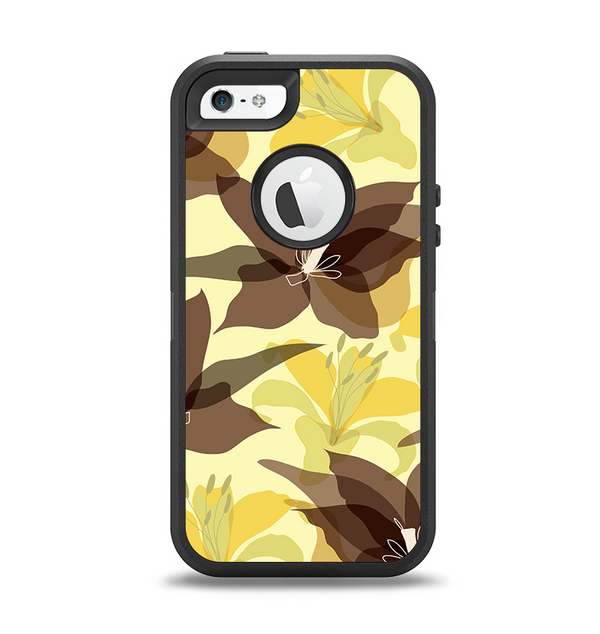 The Yellow and Brown Pastel Flowers Apple iPhone 5-5s Otterbox Defender Case Skin Set