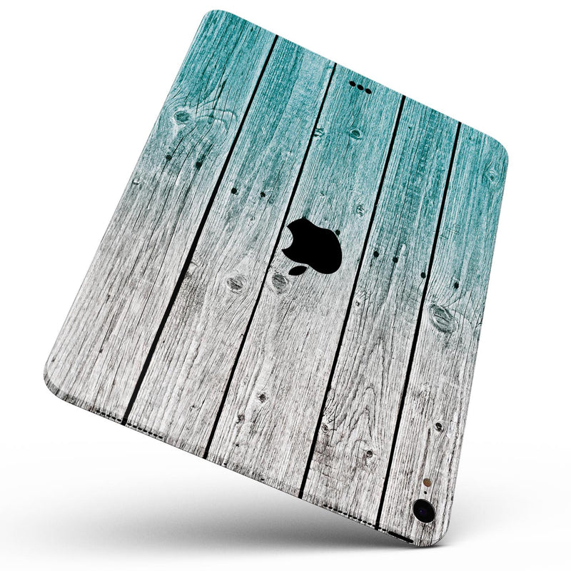 Trendy Teal to White Aged Wood Planks - Full Body Skin Decal for the Apple iPad Pro 12.9", 11", 10.5", 9.7", Air or Mini (All Models Available)