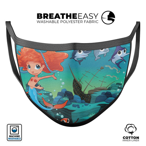 Under the Sea Mermaid V2 - Made in USA Mouth Cover Unisex Anti-Dust Cotton Blend Reusable & Washable Face Mask with Adjustable Sizing for Adult or Child