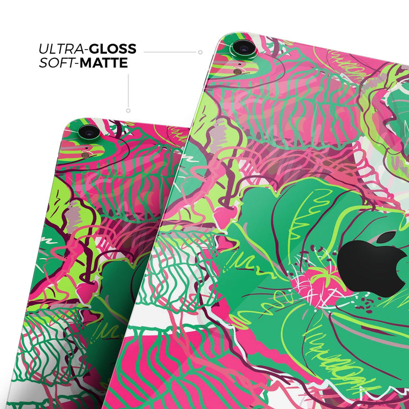 Vibrant Green & Coral Floral Sketched - Full Body Skin Decal for the Apple iPad Pro 12.9", 11", 10.5", 9.7", Air or Mini (All Models Available)
