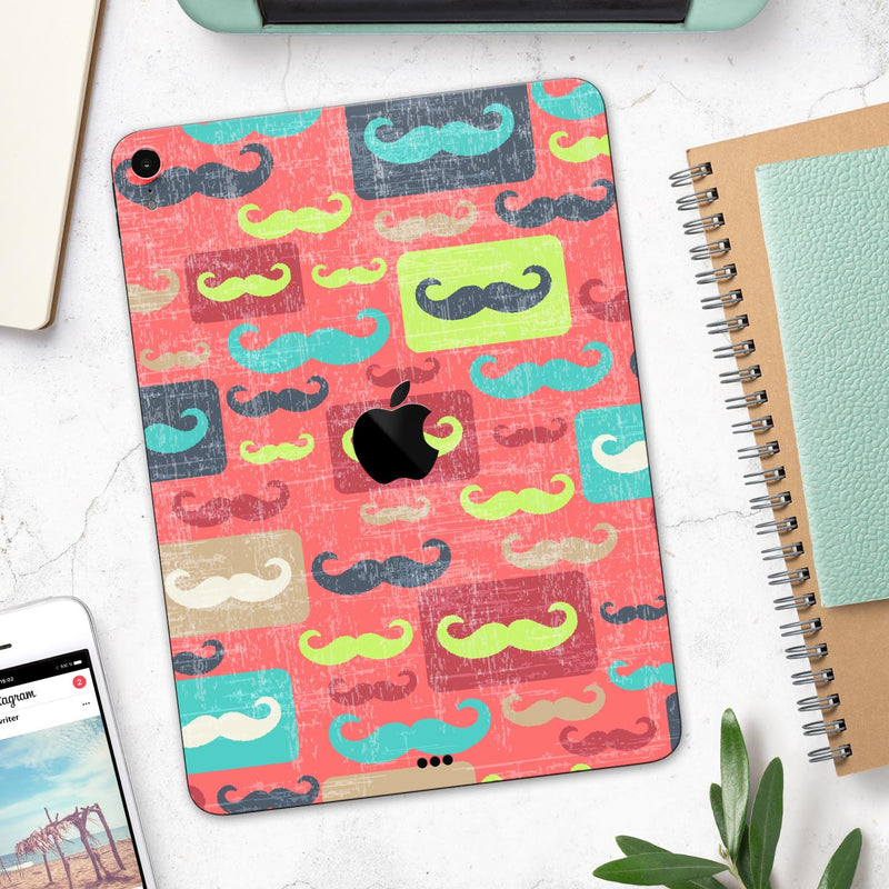 Vintage Coral and Neon Mustaches - Full Body Skin Decal for the Apple iPad Pro 12.9", 11", 10.5", 9.7", Air or Mini (All Models Available)