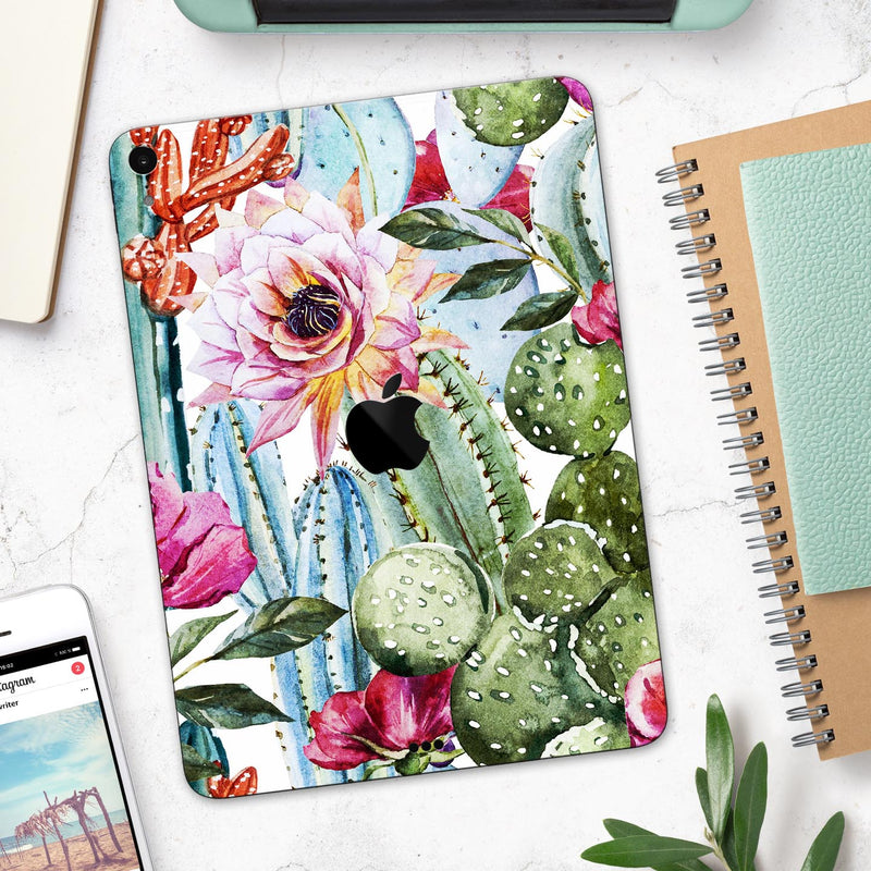 Vintage Watercolor Cactus Bloom - Full Body Skin Decal for the Apple iPad Pro 12.9", 11", 10.5", 9.7", Air or Mini (All Models Available)