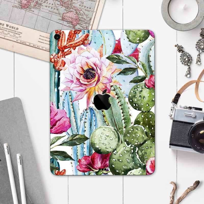 Vintage Watercolor Cactus Bloom - Full Body Skin Decal for the Apple iPad Pro 12.9", 11", 10.5", 9.7", Air or Mini (All Models Available)