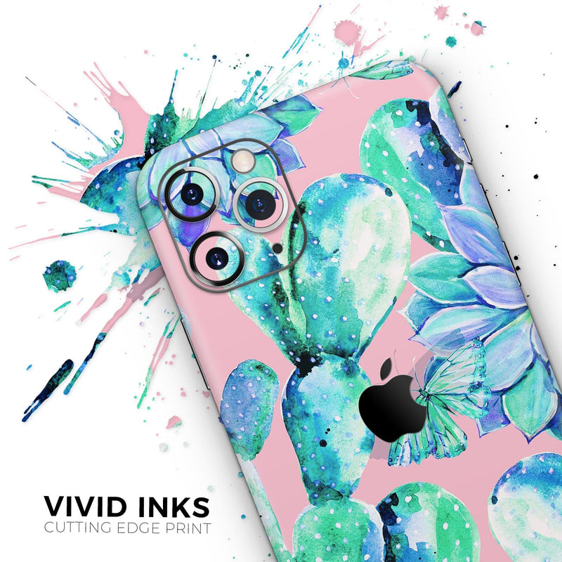 Watercolor Cactus Succulent Bloom V10 - Skin-Kit compatible with the Apple iPhone 12, 12 Pro Max, 12 Mini, 11 Pro or 11 Pro Max (All iPhones Available)