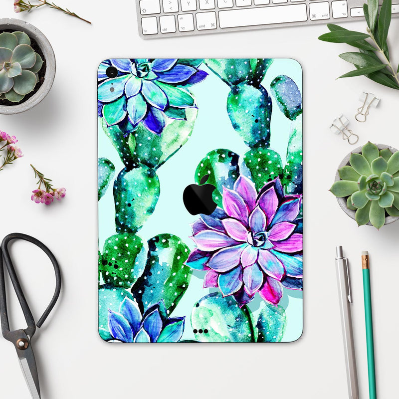 Watercolor Cactus Succulent Bloom V11 - Full Body Skin Decal for the Apple iPad Pro 12.9", 11", 10.5", 9.7", Air or Mini (All Models Available)