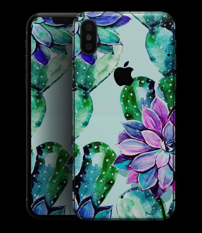 Watercolor Cactus Succulent Bloom V11 - iPhone XS MAX, XS/X, 8/8+, 7/7+, 5/5S/SE Skin-Kit (All iPhones Avaiable)