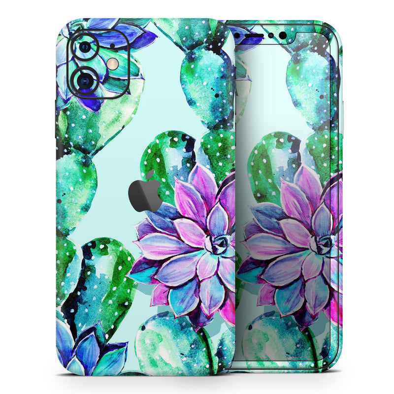 Watercolor Cactus Succulent Bloom V11 - Skin-Kit compatible with the Apple iPhone 12, 12 Pro Max, 12 Mini, 11 Pro or 11 Pro Max (All iPhones Available)