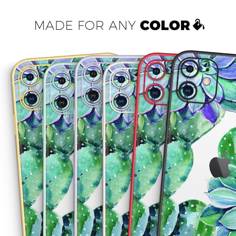 Watercolor Cactus Succulent Bloom V12 - Skin-Kit compatible with the Apple iPhone 12, 12 Pro Max, 12 Mini, 11 Pro or 11 Pro Max (All iPhones Available)