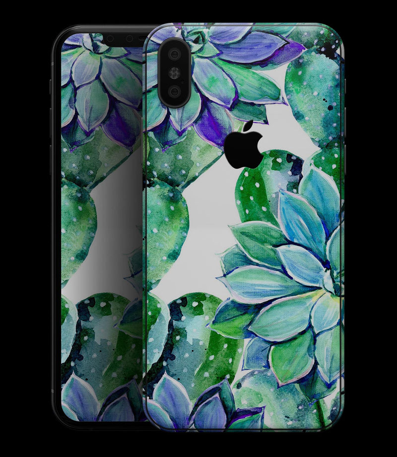 Watercolor Cactus Succulent Bloom V13 - iPhone XS MAX, XS/X, 8/8+, 7/7+, 5/5S/SE Skin-Kit (All iPhones Avaiable)