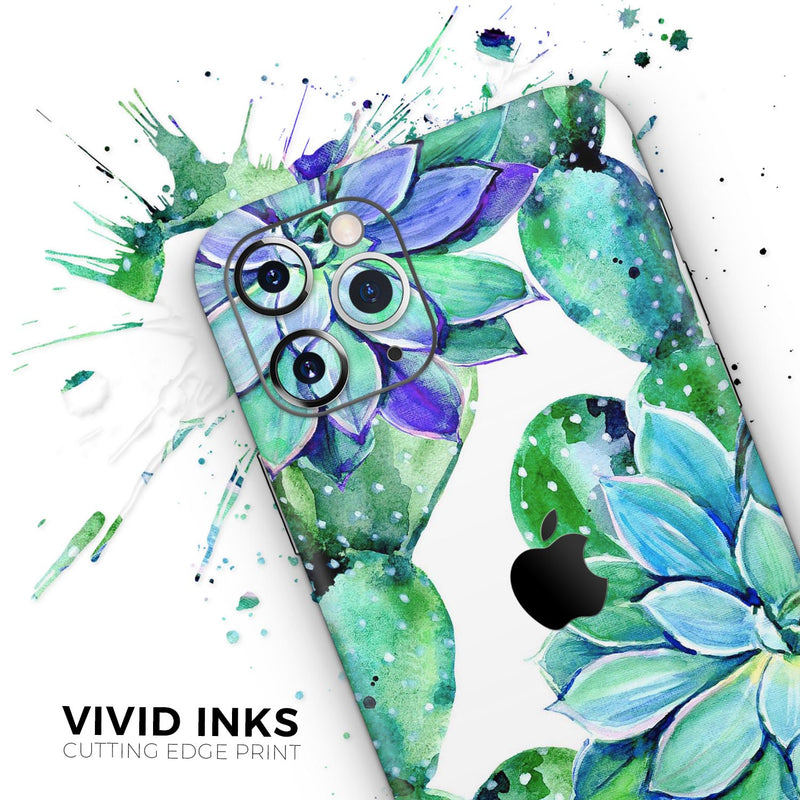 Watercolor Cactus Succulent Bloom V13 - Skin-Kit compatible with the Apple iPhone 12, 12 Pro Max, 12 Mini, 11 Pro or 11 Pro Max (All iPhones Available)