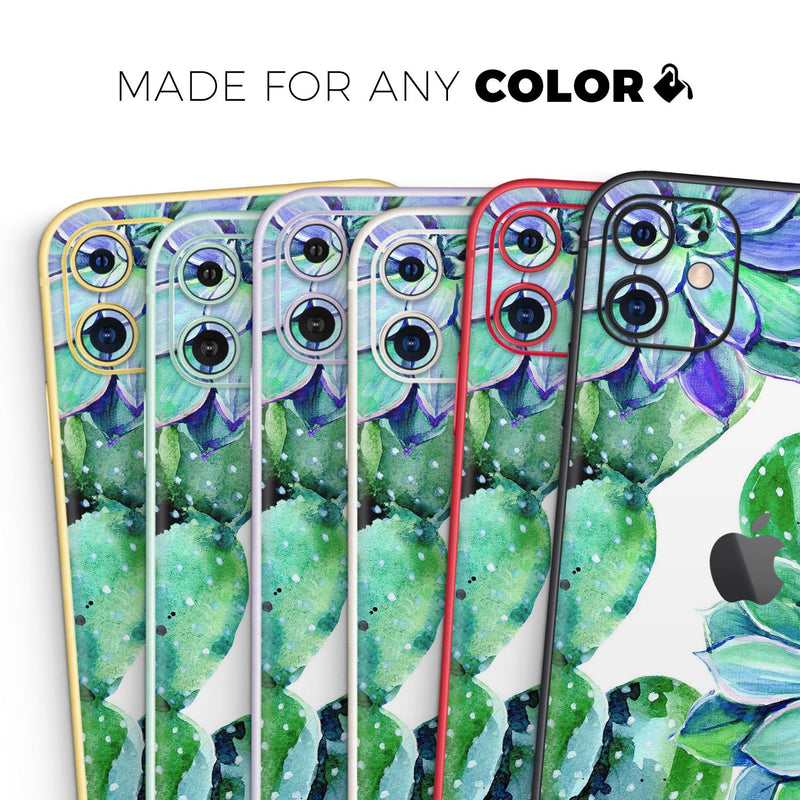 Watercolor Cactus Succulent Bloom V13 - Skin-Kit compatible with the Apple iPhone 12, 12 Pro Max, 12 Mini, 11 Pro or 11 Pro Max (All iPhones Available)