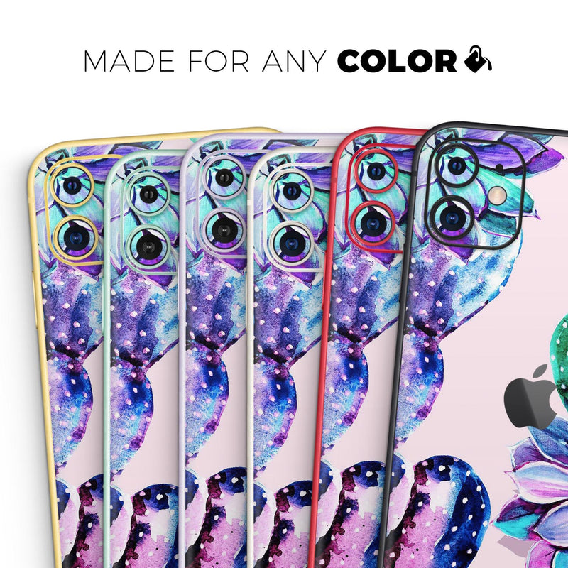 Watercolor Cactus Succulent Bloom V15 - Skin-Kit compatible with the Apple iPhone 12, 12 Pro Max, 12 Mini, 11 Pro or 11 Pro Max (All iPhones Available)