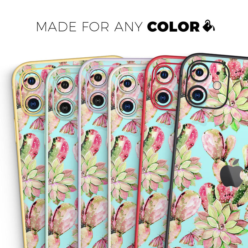 Watercolor Cactus Succulent Bloom V4 - Skin-Kit compatible with the Apple iPhone 12, 12 Pro Max, 12 Mini, 11 Pro or 11 Pro Max (All iPhones Available)