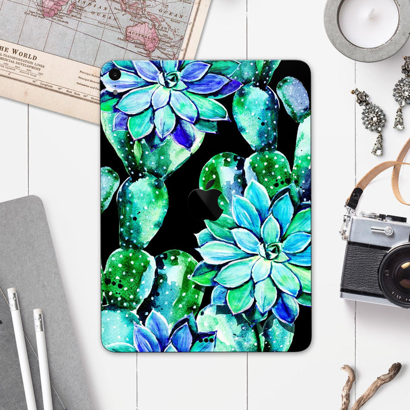 Watercolor Cactus Succulent Bloom V6 - Full Body Skin Decal for the Apple iPad Pro 12.9", 11", 10.5", 9.7", Air or Mini (All Models Available)