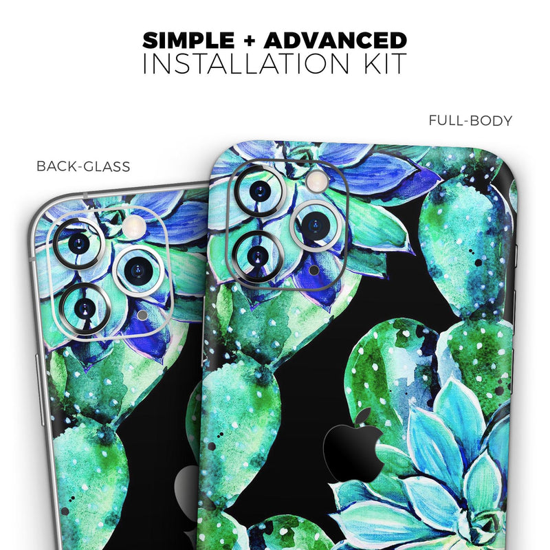 Watercolor Cactus Succulent Bloom V6 - Skin-Kit compatible with the Apple iPhone 12, 12 Pro Max, 12 Mini, 11 Pro or 11 Pro Max (All iPhones Available)