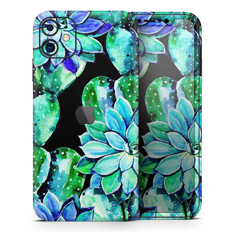 Watercolor Cactus Succulent Bloom V6 - Skin-Kit compatible with the Apple iPhone 12, 12 Pro Max, 12 Mini, 11 Pro or 11 Pro Max (All iPhones Available)