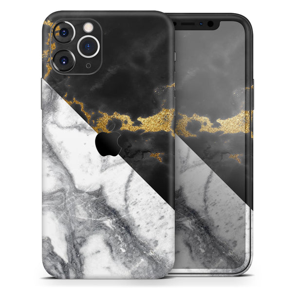 White-Black Marble & Digital Gold Foil V1 2 - Skin-Kit compatible with the Apple iPhone 12, 12 Pro Max, 12 Mini, 11 Pro or 11 Pro Max (All iPhones Available)
