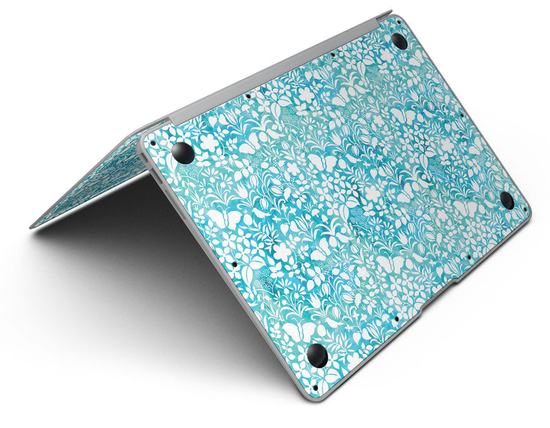 White Butterflies and Flowers on Blue Watercolor Pattern - MacBook Air Skin Kit