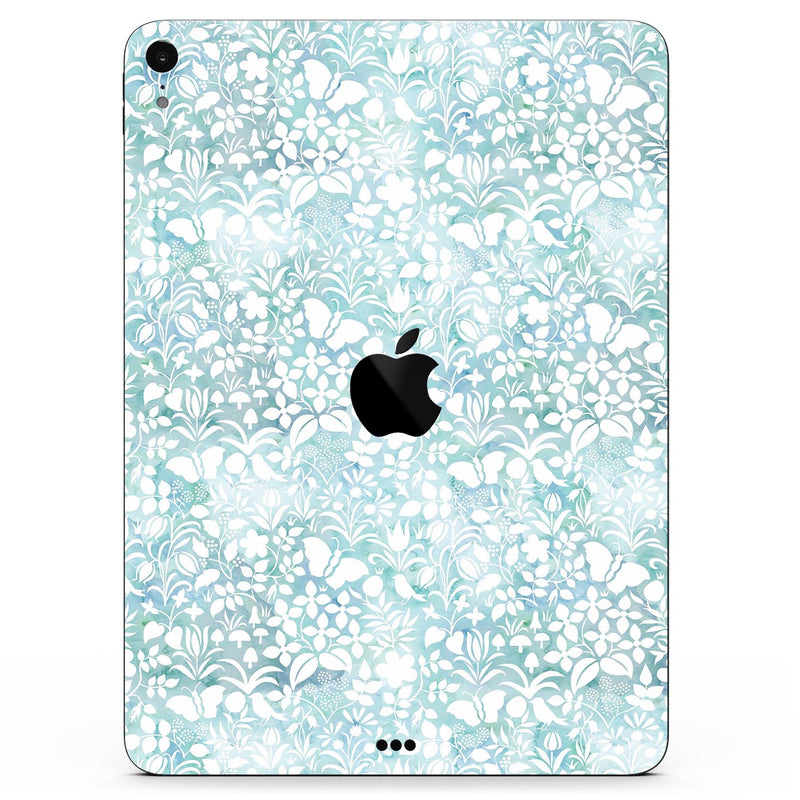 White Butterflies and Flowers on Light Blue Watercolor Pattern - Full Body Skin Decal for the Apple iPad Pro 12.9", 11", 10.5", 9.7", Air or Mini (All Models Available)