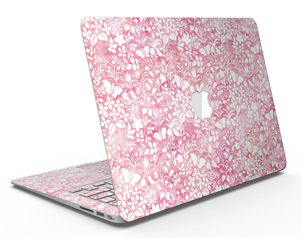 White Butterflies and Flowers on Pink and Red Watercolor Pattern - MacBook Air Skin Kit