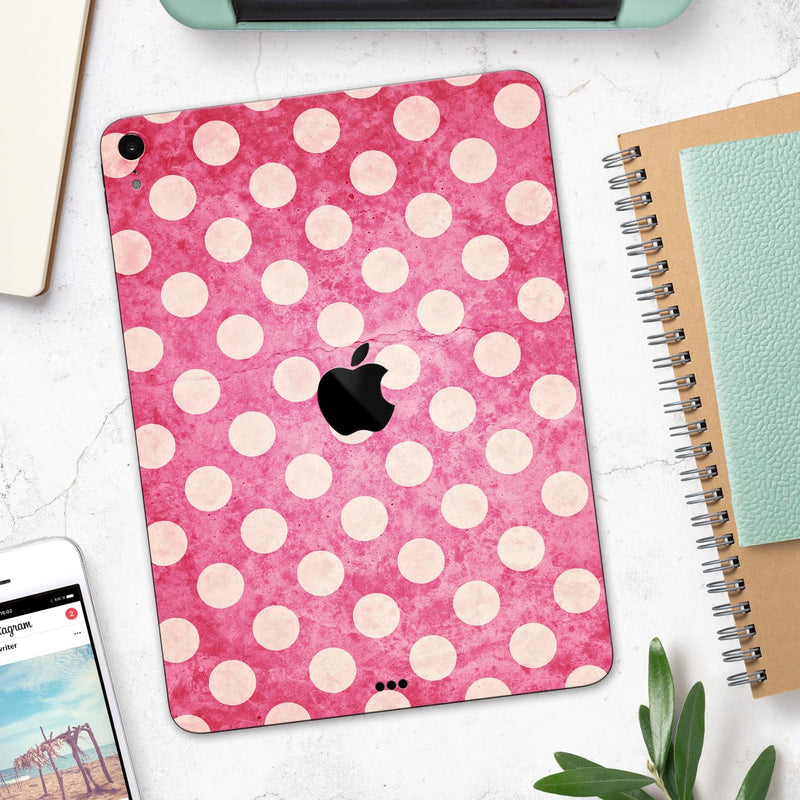 White Polka Dots Over Grungy Pink  - Full Body Skin Decal for the Apple iPad Pro 12.9", 11", 10.5", 9.7", Air or Mini (All Models Available)