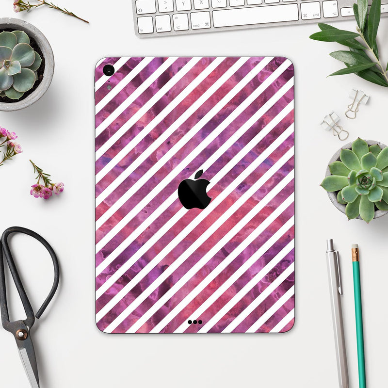 White Slanted Lines Over Pink and Purple Grunge Surface - Full Body Skin Decal for the Apple iPad Pro 12.9", 11", 10.5", 9.7", Air or Mini (All Models Available)