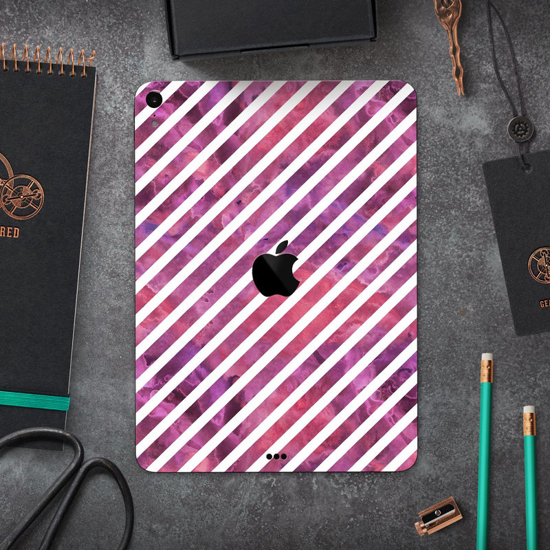 White Slanted Lines Over Pink and Purple Grunge Surface - Full Body Skin Decal for the Apple iPad Pro 12.9", 11", 10.5", 9.7", Air or Mini (All Models Available)