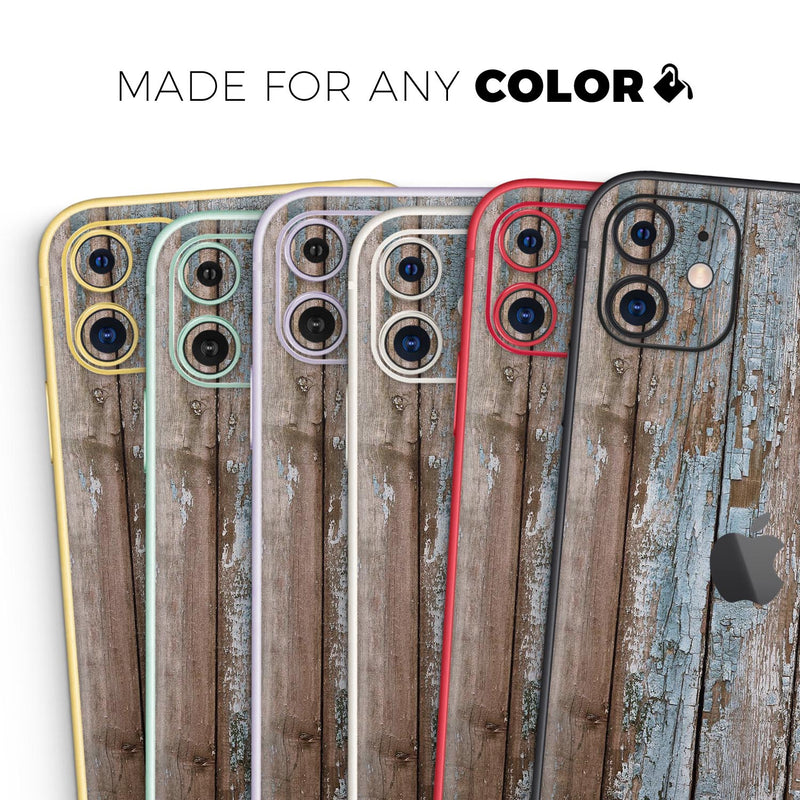 Wood Planks with Peeled Blue Paint - Skin-Kit compatible with the Apple iPhone 12, 12 Pro Max, 12 Mini, 11 Pro or 11 Pro Max (All iPhones Available)