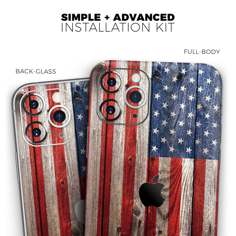 Wooden Grungy American Flag - Skin-Kit compatible with the Apple iPhone 12, 12 Pro Max, 12 Mini, 11 Pro or 11 Pro Max (All iPhones Available)